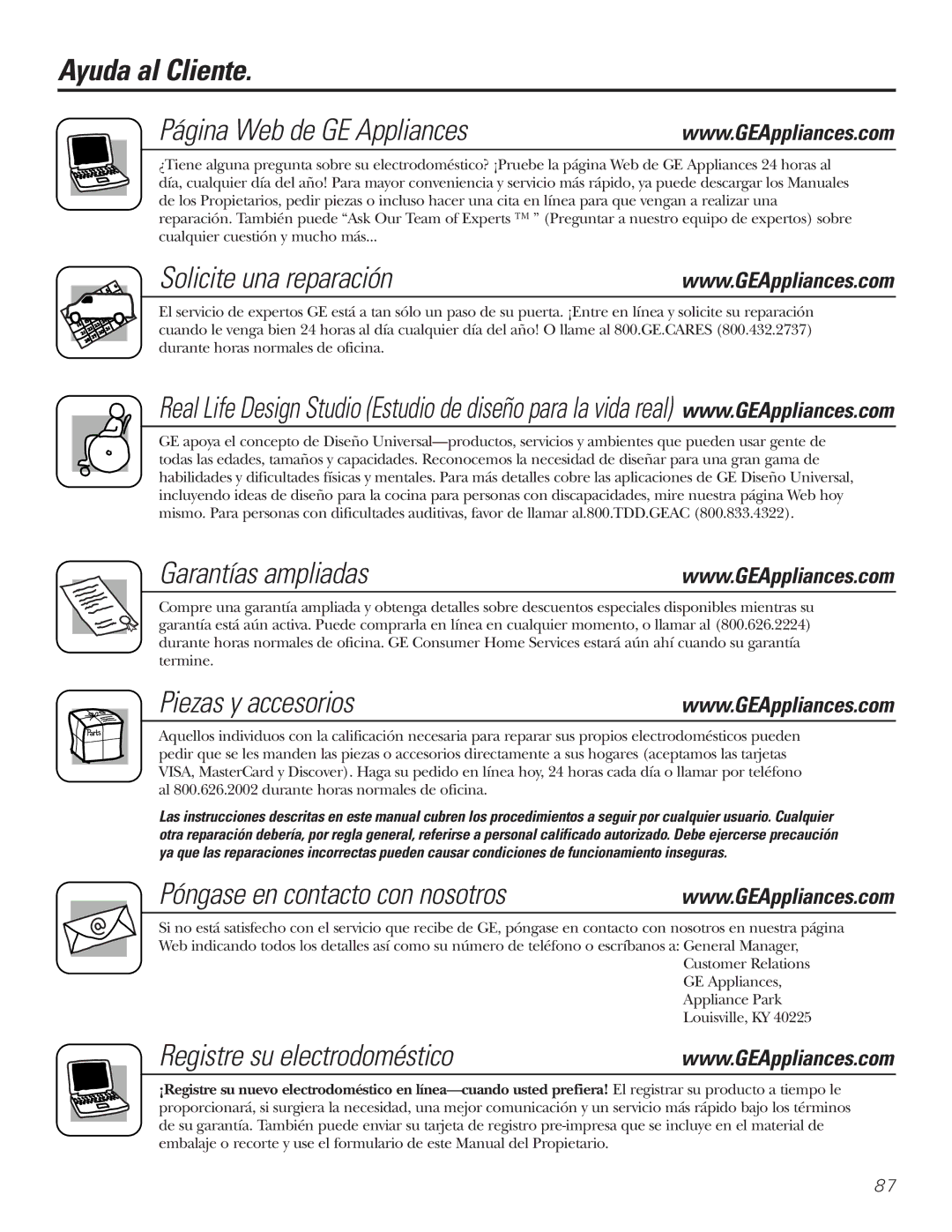 GE 197D3351P003 Ayuda al Cliente Página Web de GE Appliances, Solicite una reparación, Garantías ampliadas 