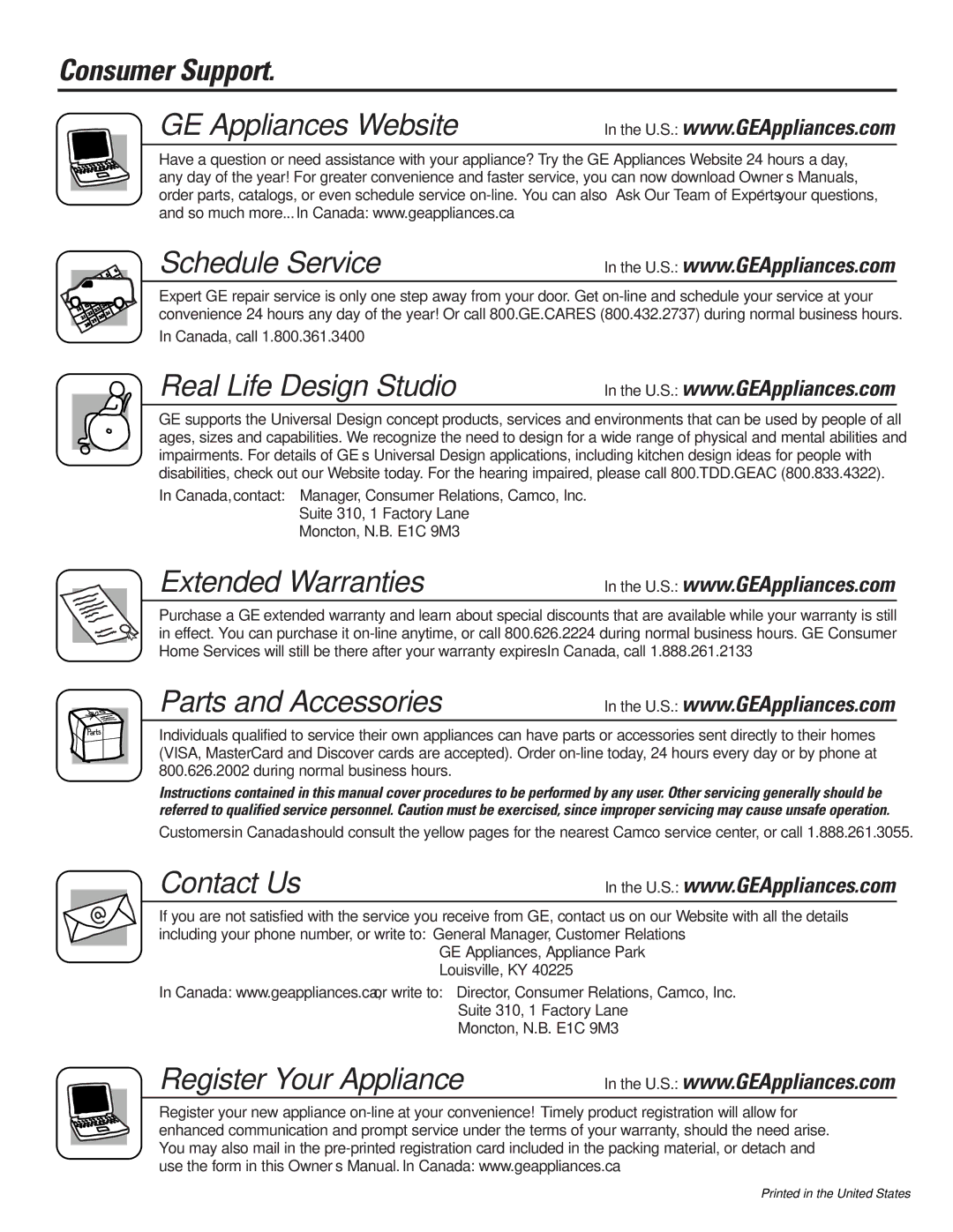 GE 197D3351P003 installation instructions Consumer Support, GE Appliances Website Schedule Service 