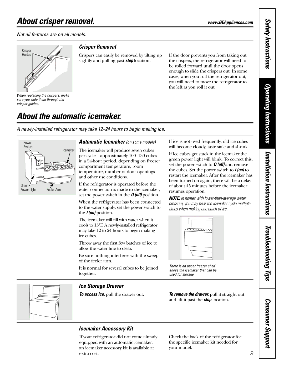 GE 197D3351P003 installation instructions About crisper removal, About the automatic icemaker, Safety 