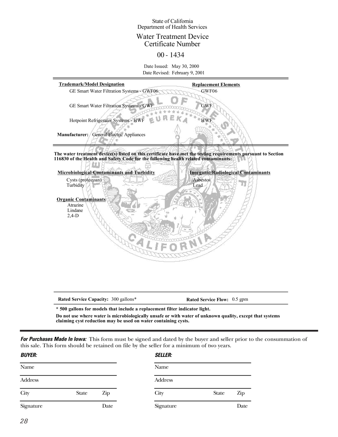 GE 197D3351P003 Water Treatment Device Certificate Number, State of California Department of Health Services 