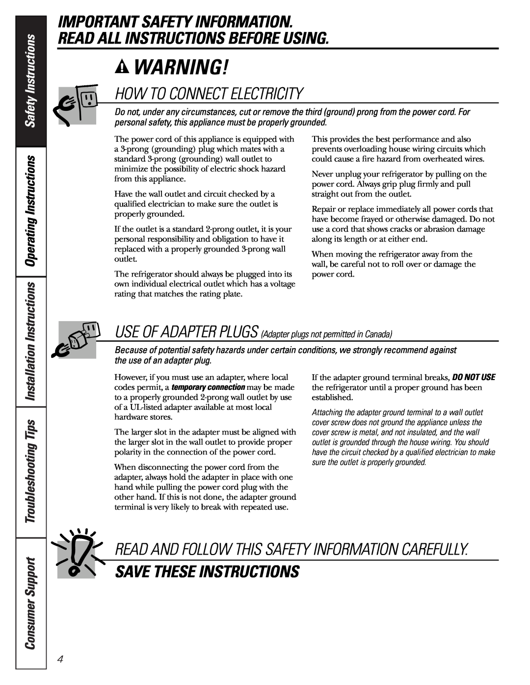 GE 197D3351P003 How To Connect Electricity, Save These Instructions, Troubleshooting Tips, Consumer Support 