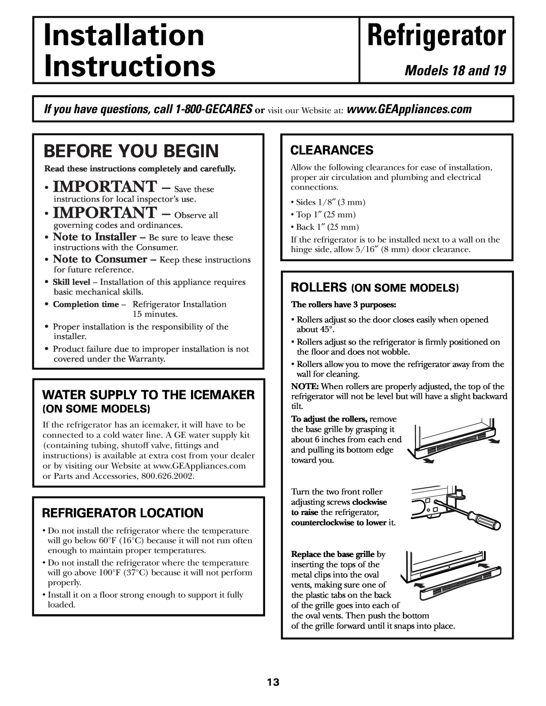 GE 197D3354P003 Installation Instructions, Refrigerator, Before You Begin, Models 18 and, Water Supply To The Icemaker 