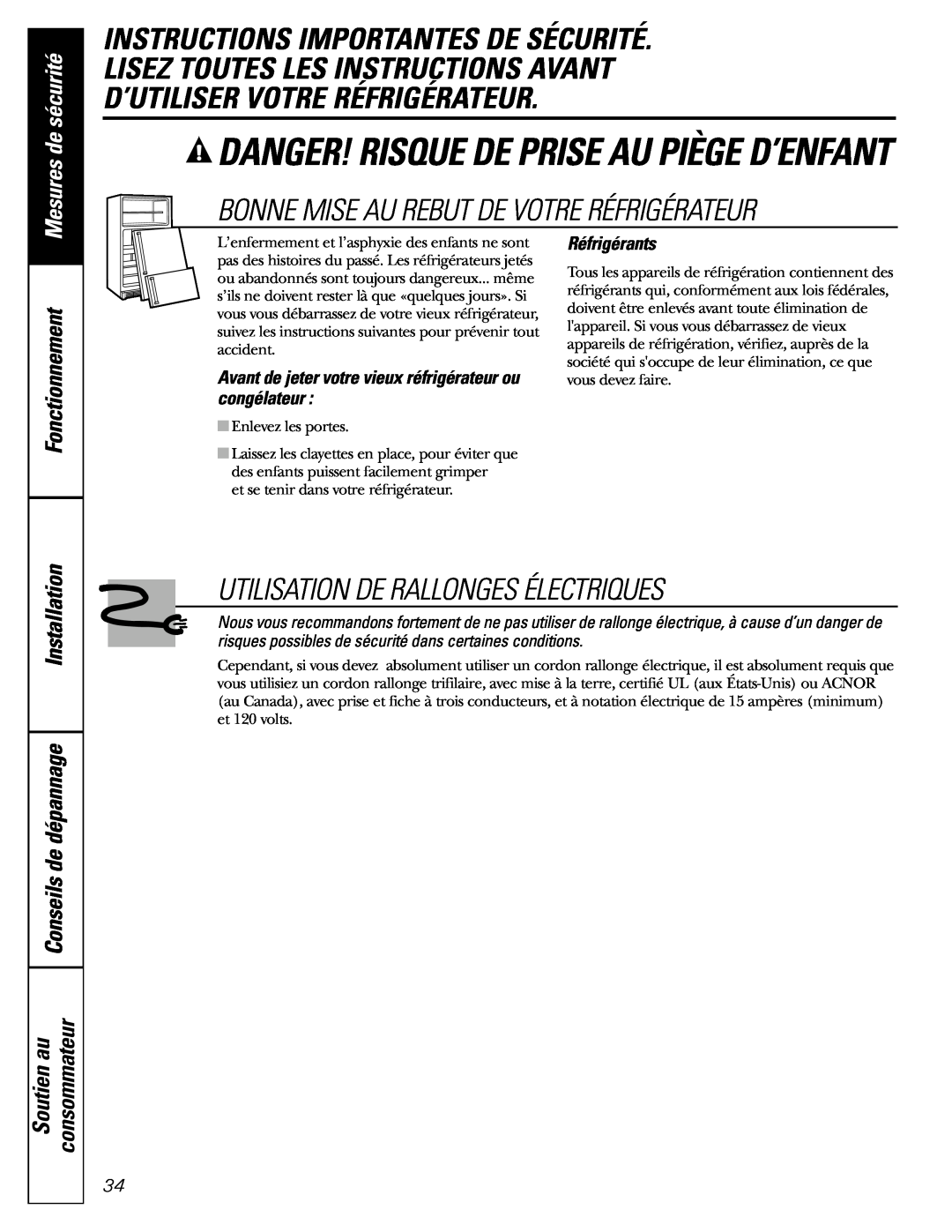 GE 197D3354P003 Lisez Toutes Les Instructions Avant D’Utiliser Votre Réfrigérateur, Utilisation De Rallonges Électriques 