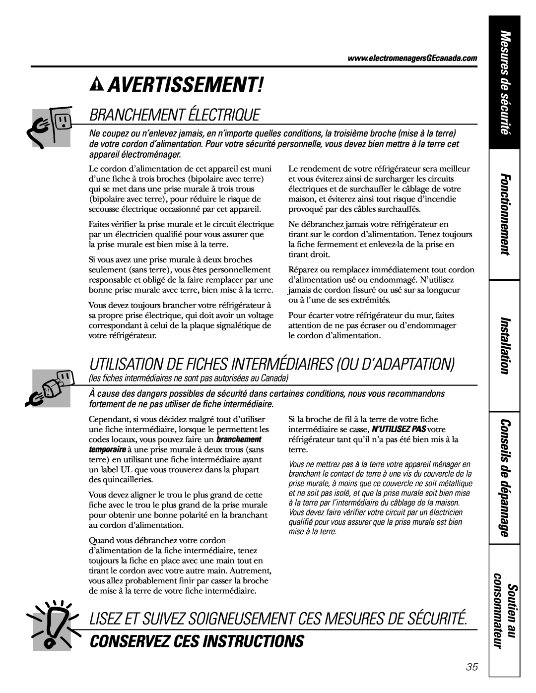 GE 197D3354P003 Branchement Électrique, Conservez Ces Instructions, Utilisation De Fiches Intermédiaires Ou D’Adaptation 