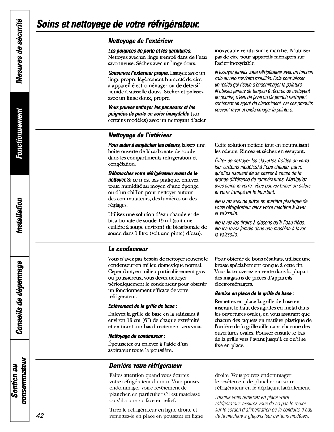 GE 197D3354P003 Soins et nettoyage de votre réfrigérateur, Mesures de, consommateur, Nettoyage de l’extérieur, sécurité 