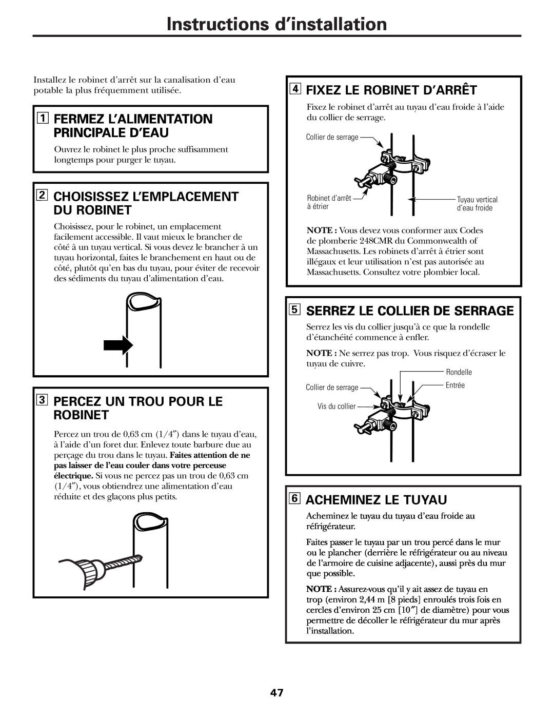 GE 197D3354P003 Percez Un Trou Pour Le Robinet, Fixez Le Robinet D’Arrêt, Serrez Le Collier De Serrage, Acheminez Le Tuyau 