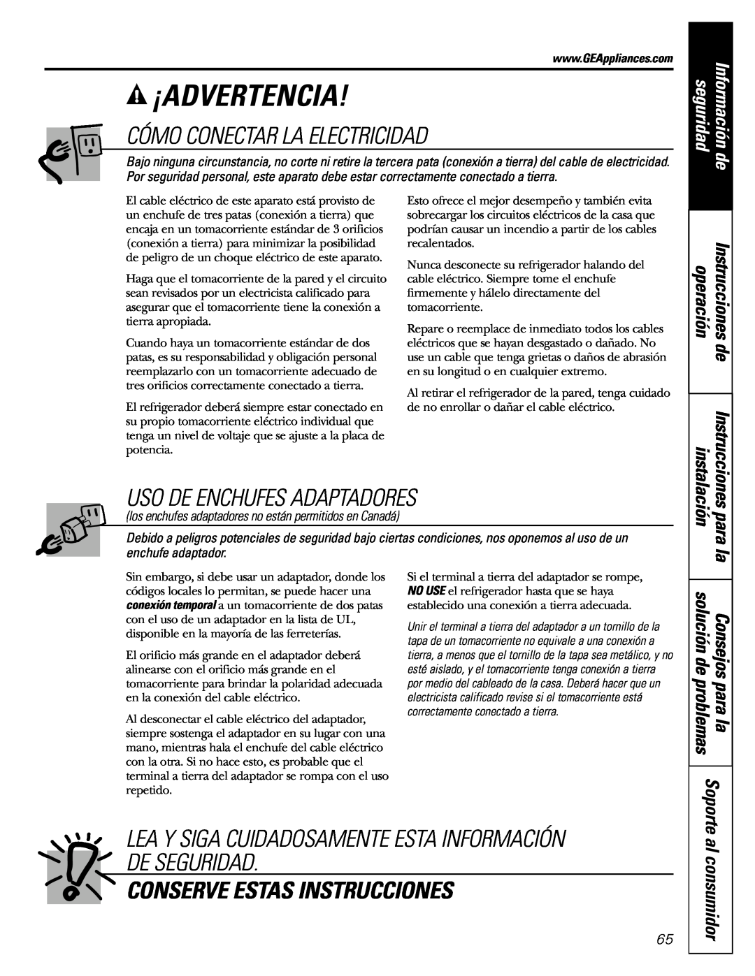 GE 197D3354P003 Cómo Conectar La Electricidad, Uso De Enchufes Adaptadores, Conserve Estas Instrucciones, al consumidor 