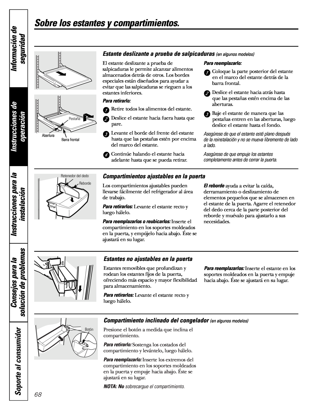 GE 197D3354P003 problemas, Instrucciones para la instalación, Soporte al consumidor, Estantes no ajustables en la puerta 