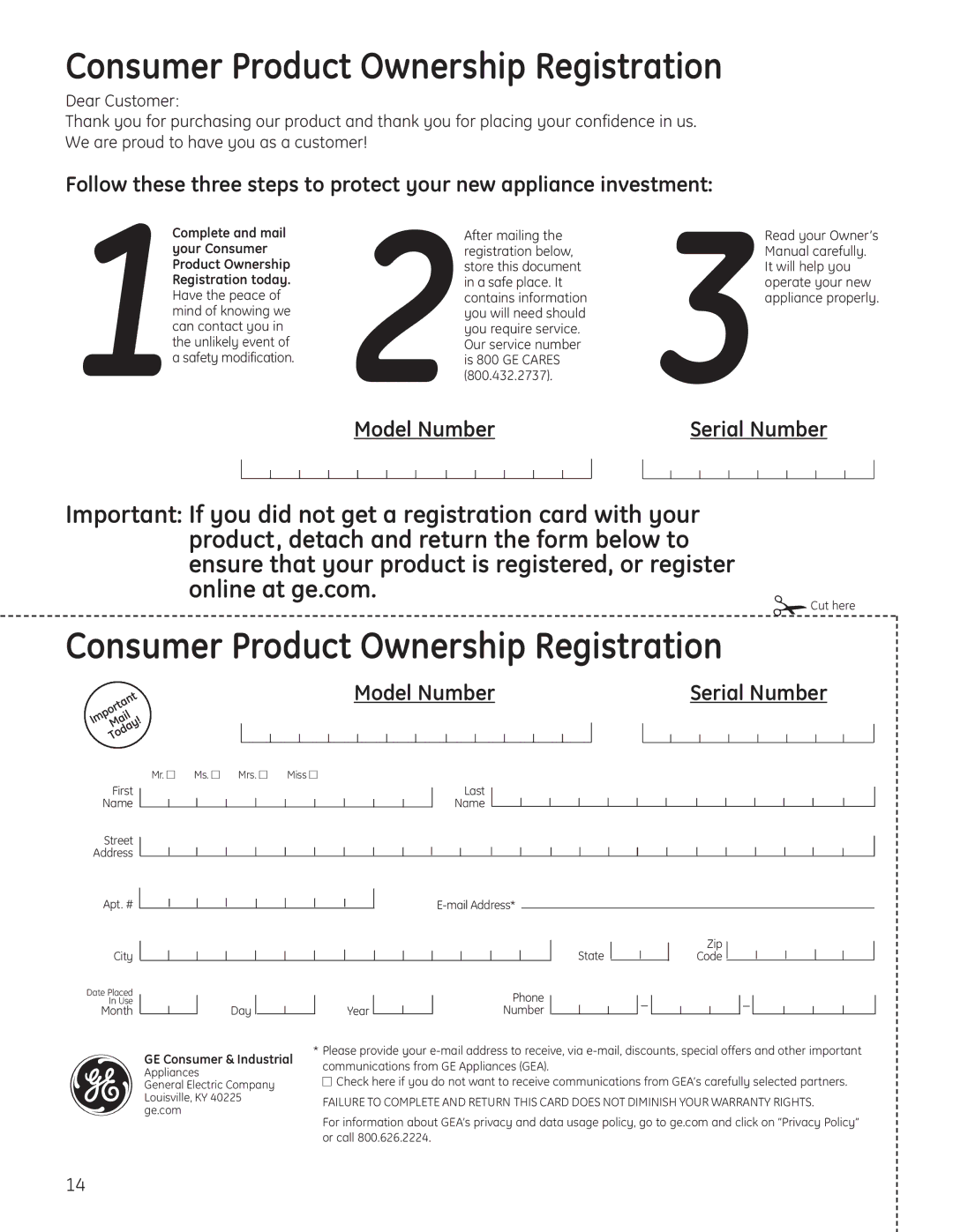 GE 197D4613P004 installation instructions Consumer Product Ownership Registration 