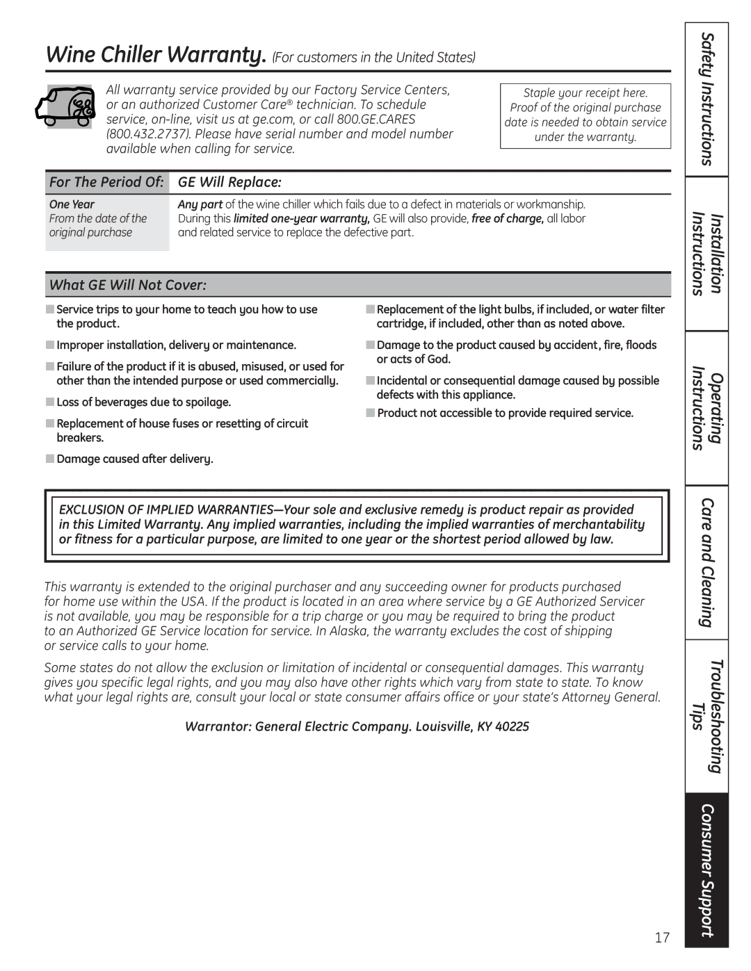 GE 197D4613P004 Instructions Operating, For The Period GE Will Replace, What GE Will Not Cover, One Year 