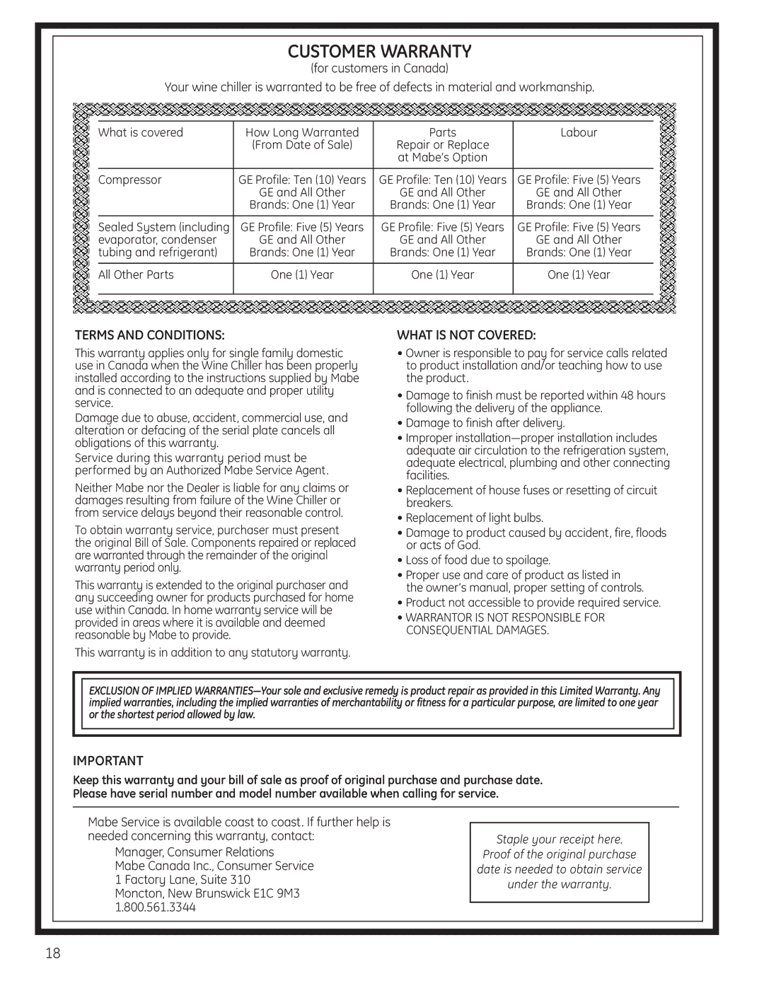 GE 197D4613P004 installation instructions Customer Warranty 