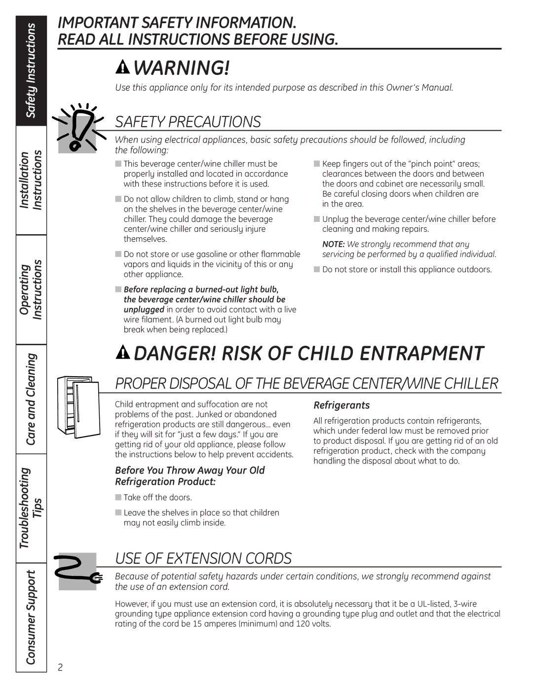 GE 197D4613P004 installation instructions Safety Precautions, USE of Extension Cords, Operating Instructions 