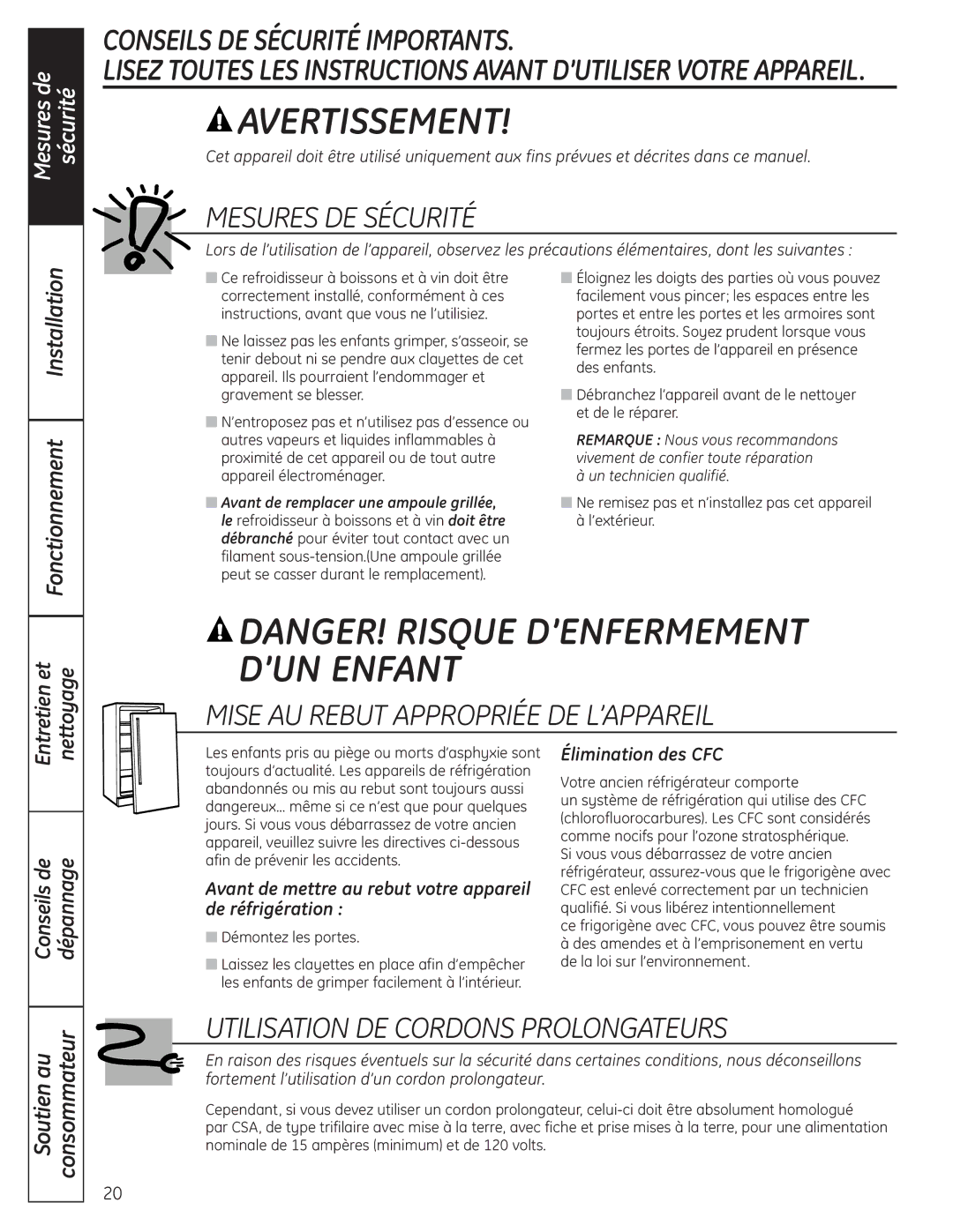 GE 197D4613P004 Mesures DE Sécurité, Mise AU Rebut Appropriée DE L’APPAREIL, Utilisation DE Cordons Prolongateurs 