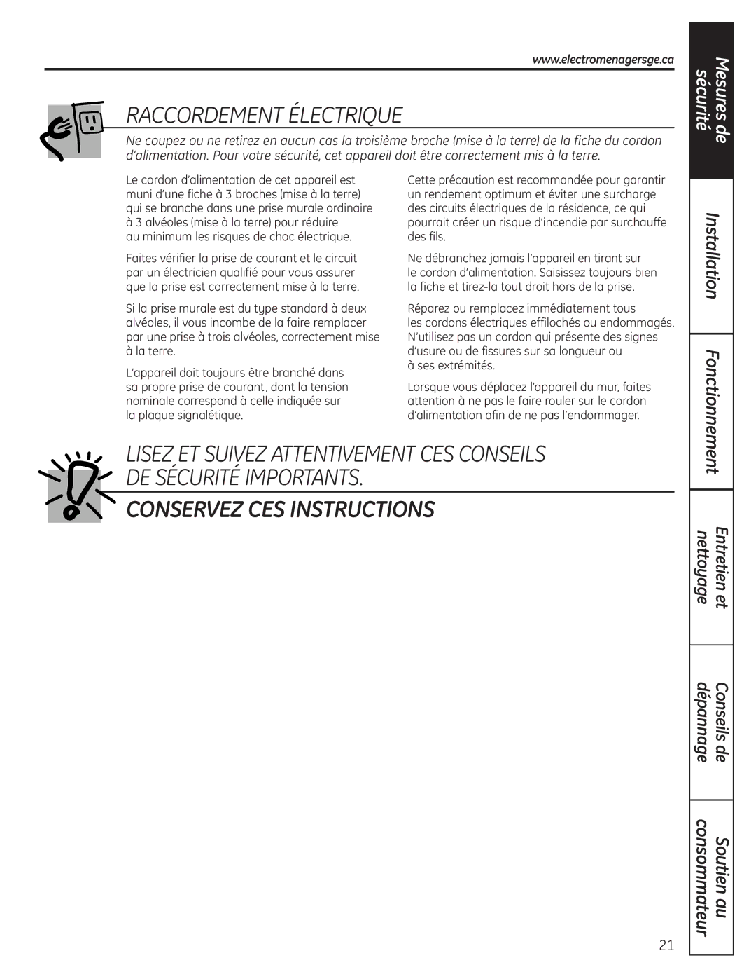 GE 197D4613P004 installation instructions Raccordement Électrique, Entretien et nettoyage Conseils de dépannage 