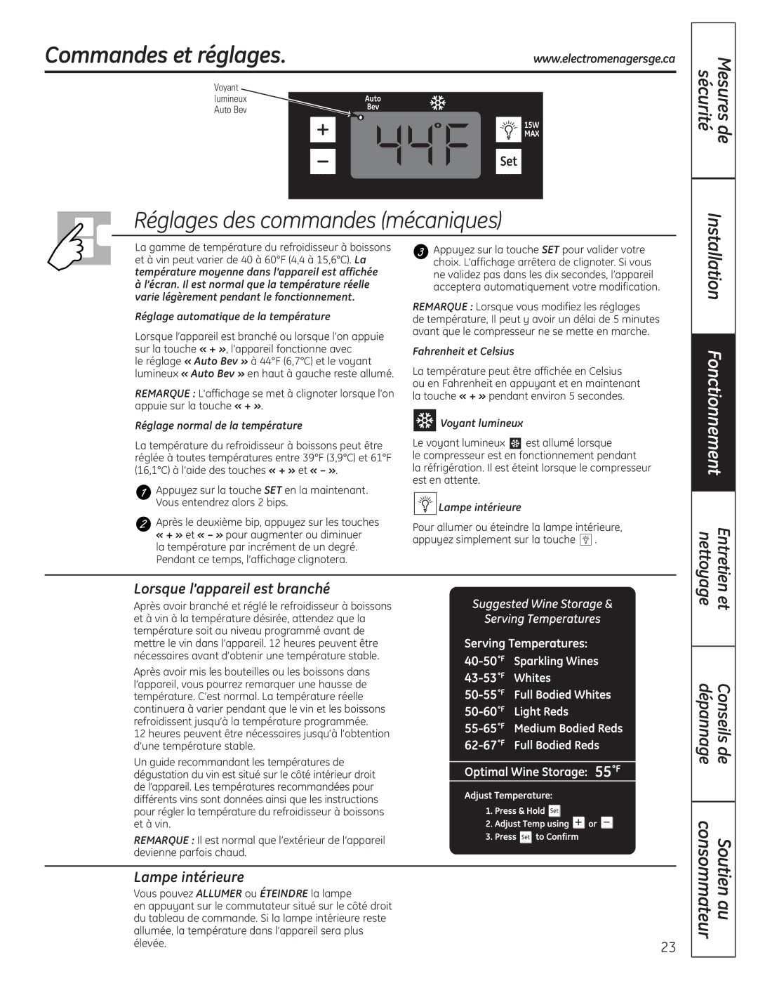 GE 197D4613P004 installation instructions Commandes et réglages, Lorsque l’appareil est branché, Lampe intérieure 