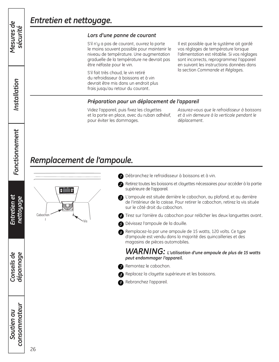 GE 197D4613P004 Remplacement de l’ampoule, Lors d’une panne de courant, Préparation pour un déplacement de l’appareil 