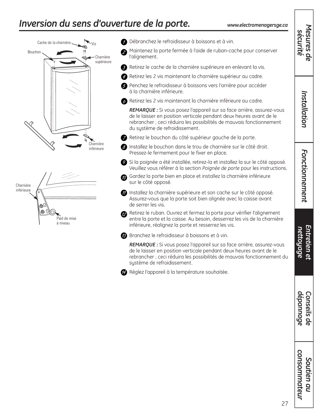 GE 197D4613P004 installation instructions Inversion du sens d’ouverture de la porte, De sécurité 