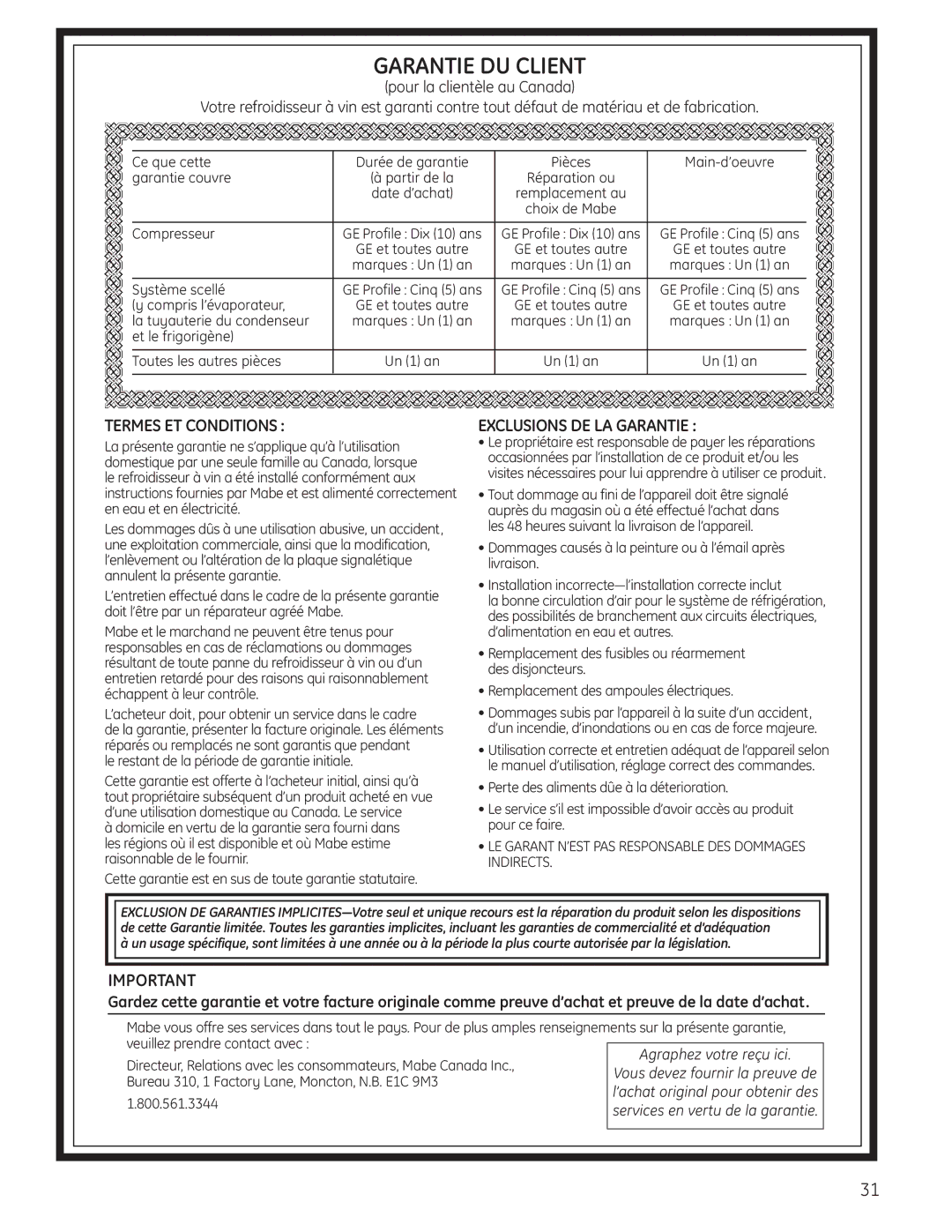 GE 197D4613P004 installation instructions Garantie DU Client 