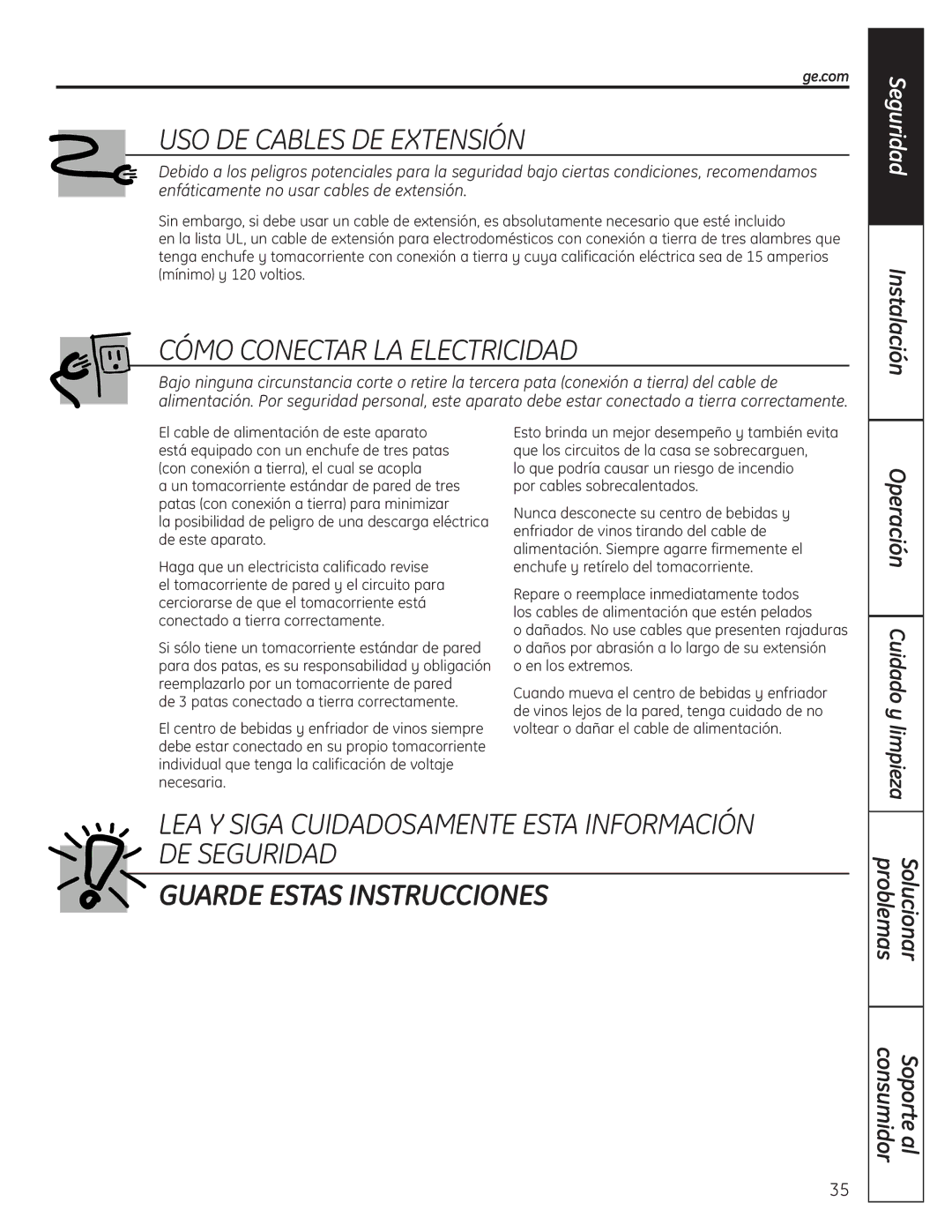 GE 197D4613P004 USO DE Cables DE Extensión, Cómo Conectar LA Electricidad, Operación Cuidado y limpieza 