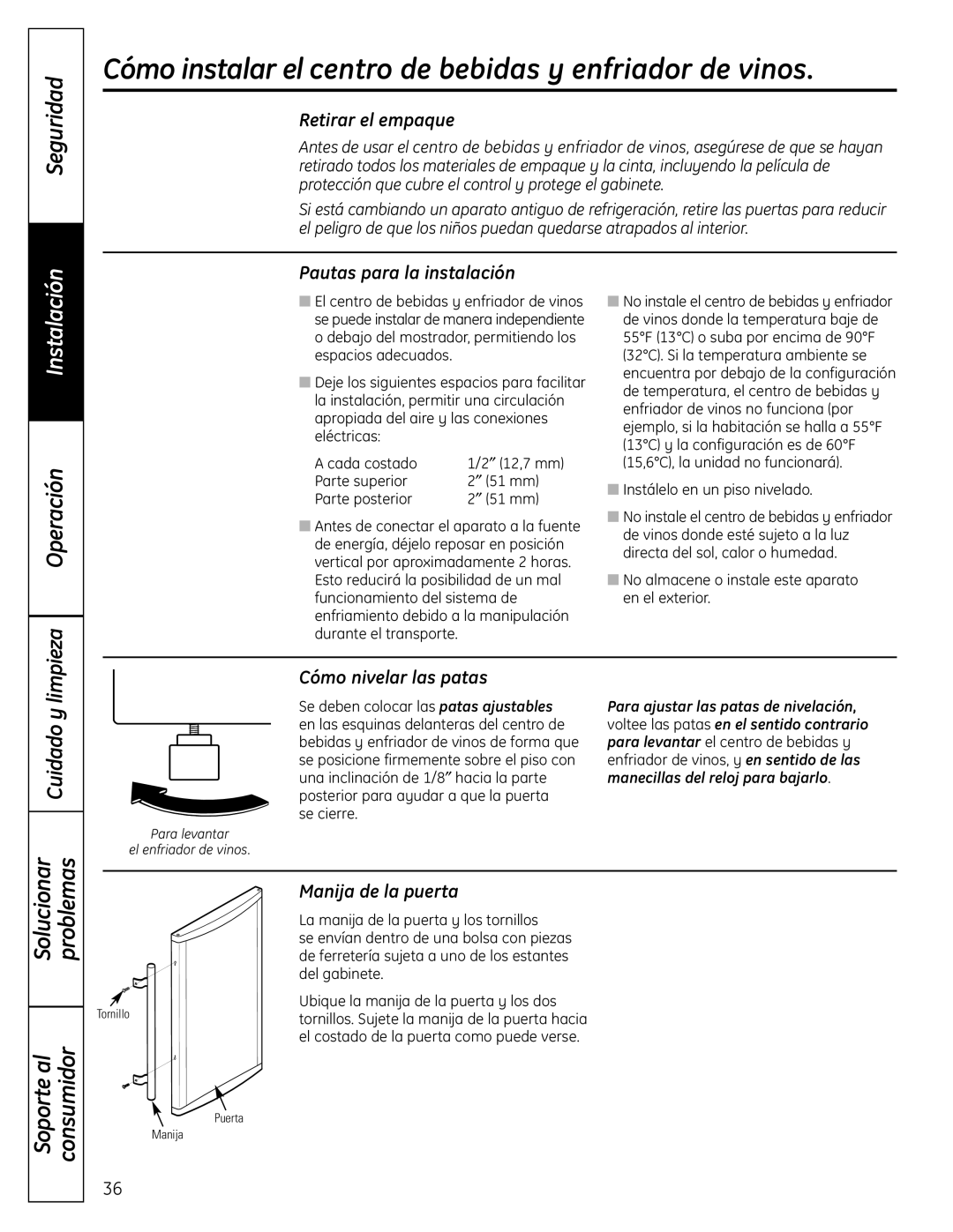 GE 197D4613P004 Cómo instalar el centro de bebidas y enfriador de vinos, Limpieza Operación, Cuidado y 