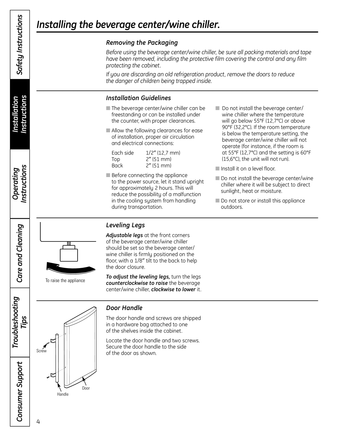 GE 197D4613P004 installation instructions Installing the beverage center/wine chiller, Safety Instructions 