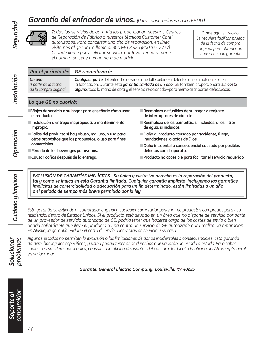 GE 197D4613P004 installation instructions Por el período de GE reemplazará, Lo que GE no cubrirá, Un año 