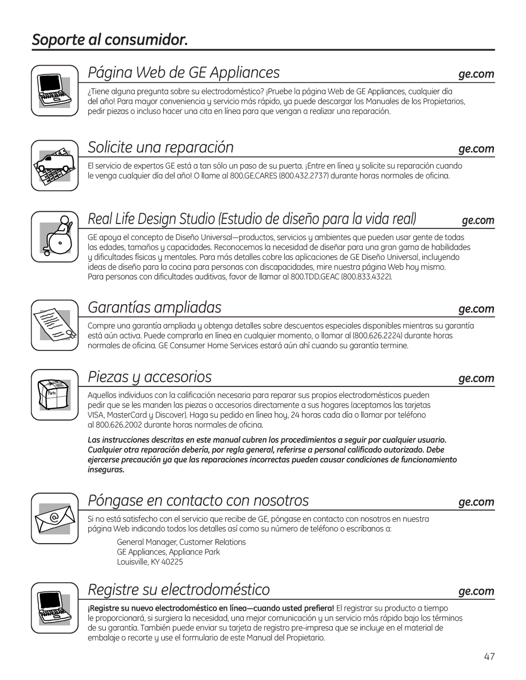 GE 197D4613P004 Soporte al consumidor Página Web de GE Appliances, Solicite una reparación, Garantías ampliadas 