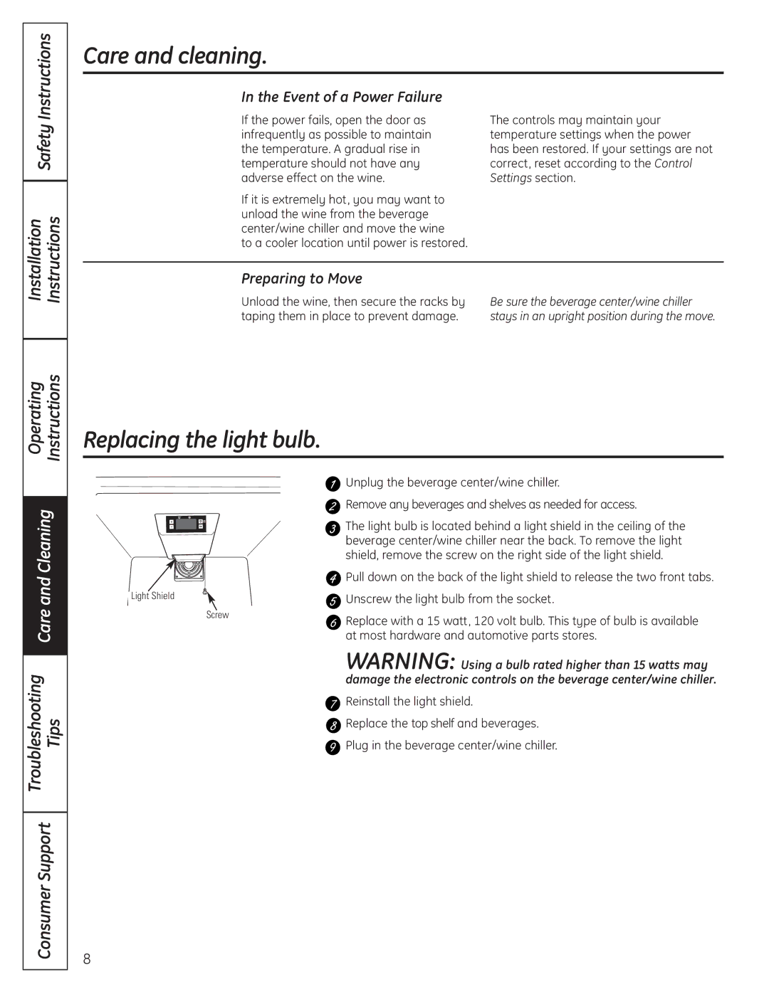 GE 197D4613P004 Replacing the light bulb, Operating Troubleshooting Tips Consumer Support, Event of a Power Failure 