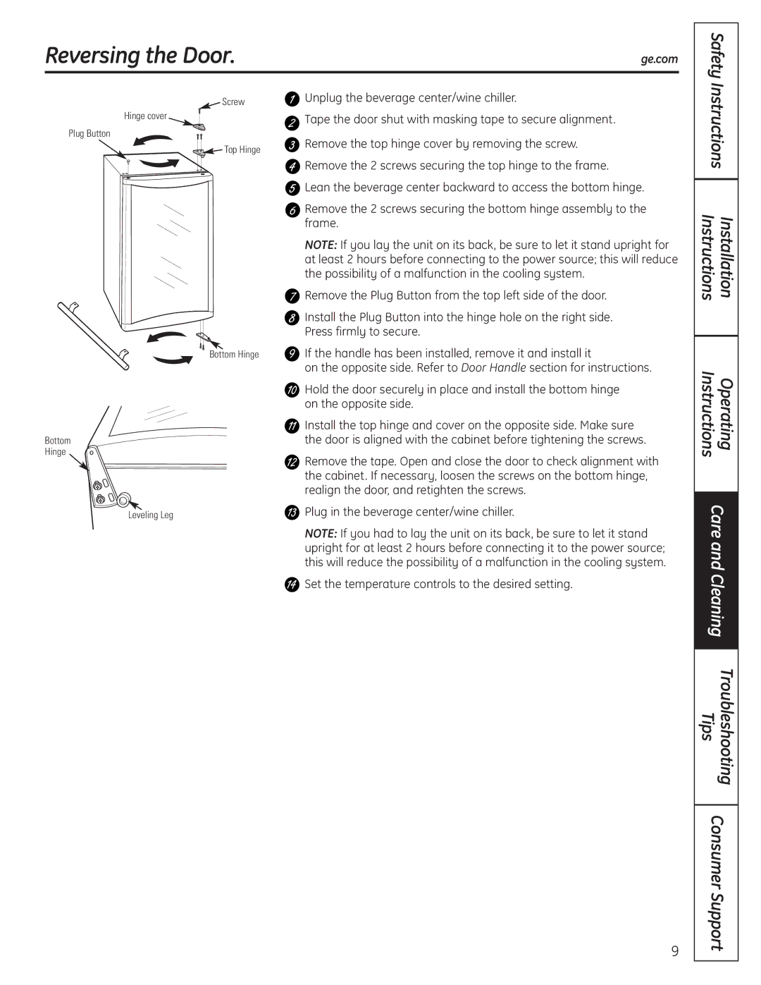 GE 197D4613P004 installation instructions Reversing the Door, Operating 