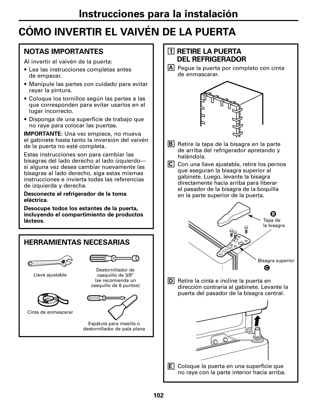 GE 197D4618P002 Cómo Invertir EL Vaivén DE LA Puerta, Notas Importantes, Herramientas Necesarias, 102 