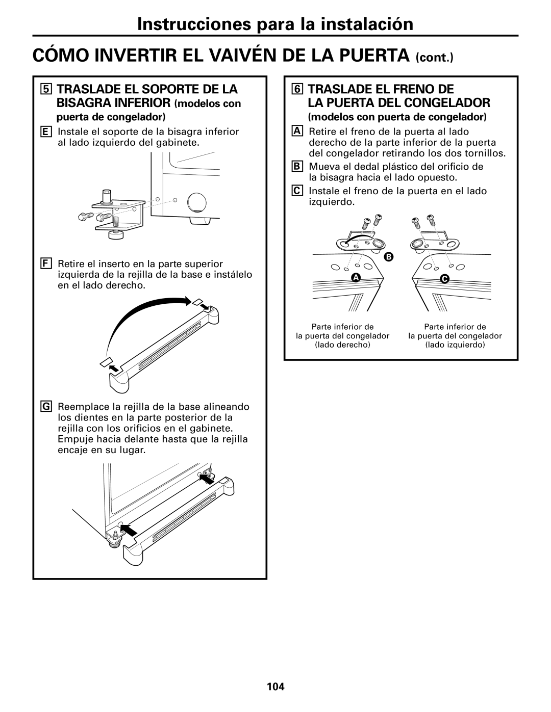 GE 197D4618P002 installation instructions Traslade EL Freno DE LA Puerta DEL Congelador, Puerta de congelador, 104 