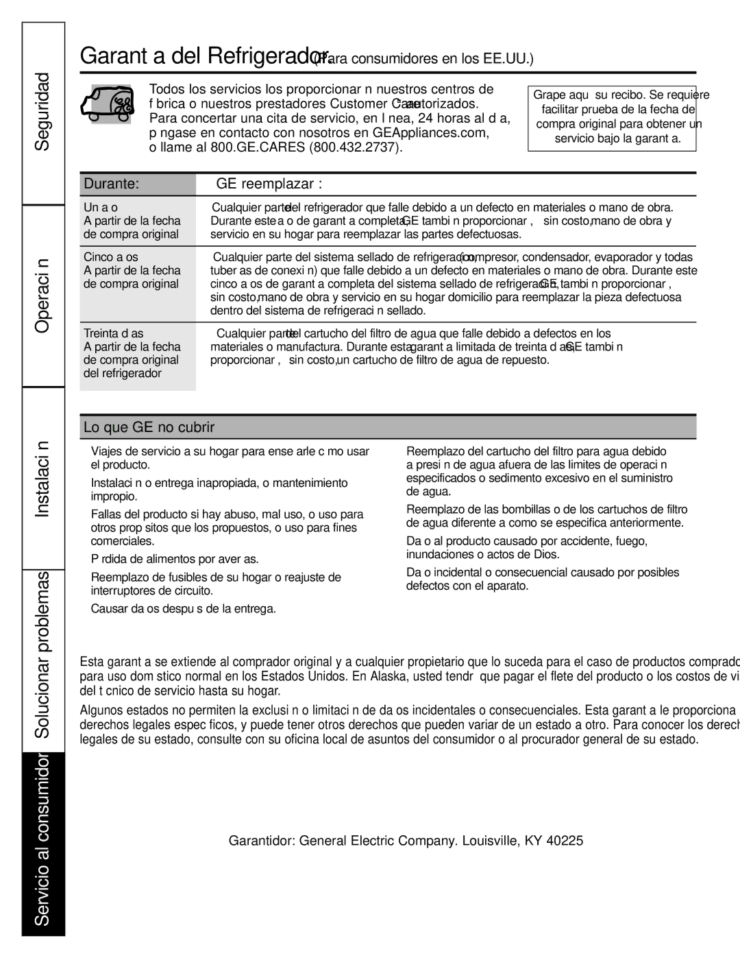 GE 197D4618P002 installation instructions Seguridad Operación, Durante GE reemplazará, Lo que GE no cubrirá 