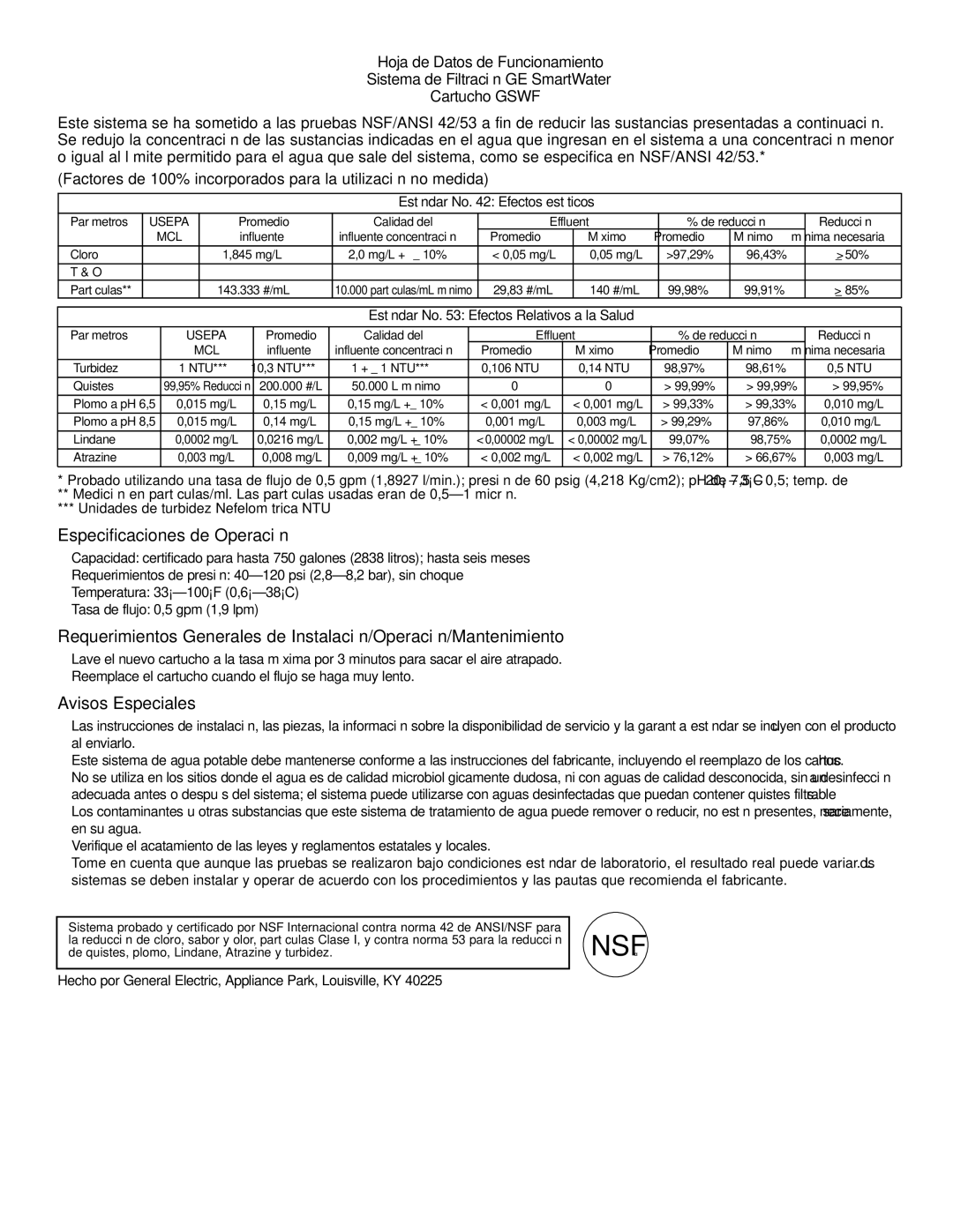 GE 197D4618P002 installation instructions Especificaciones de Operación, Avisos Especiales 