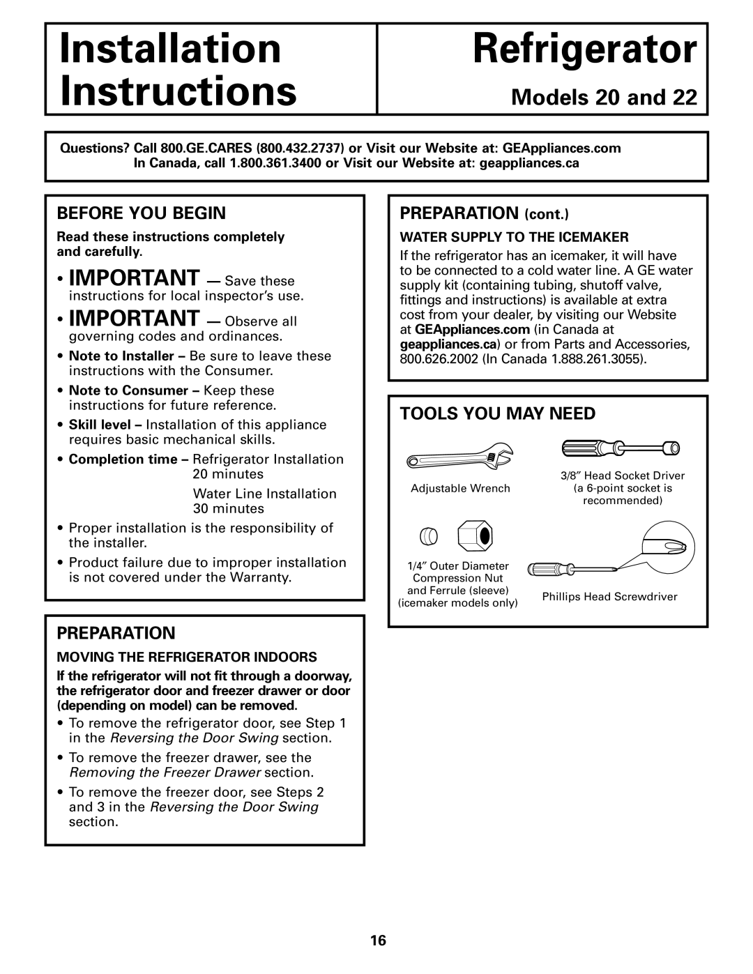 GE 197D4618P002 installation instructions Before YOU Begin, Preparation, Tools YOU MAY Need 