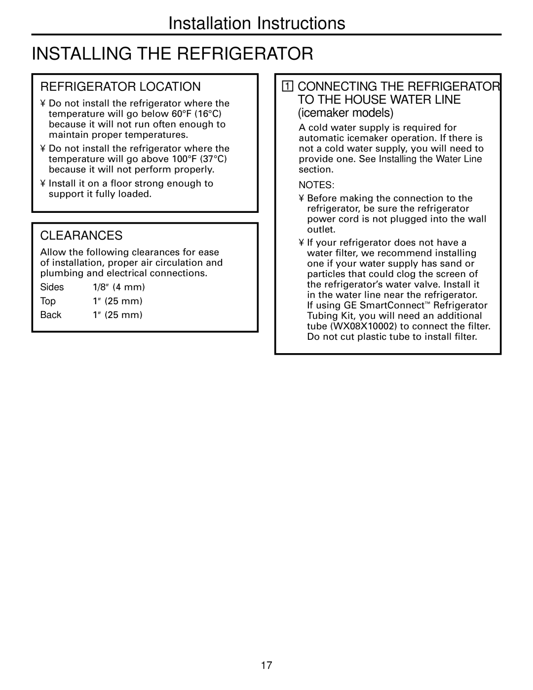 GE 197D4618P002 installation instructions Installing the Refrigerator, Refrigerator Location, Clearances 