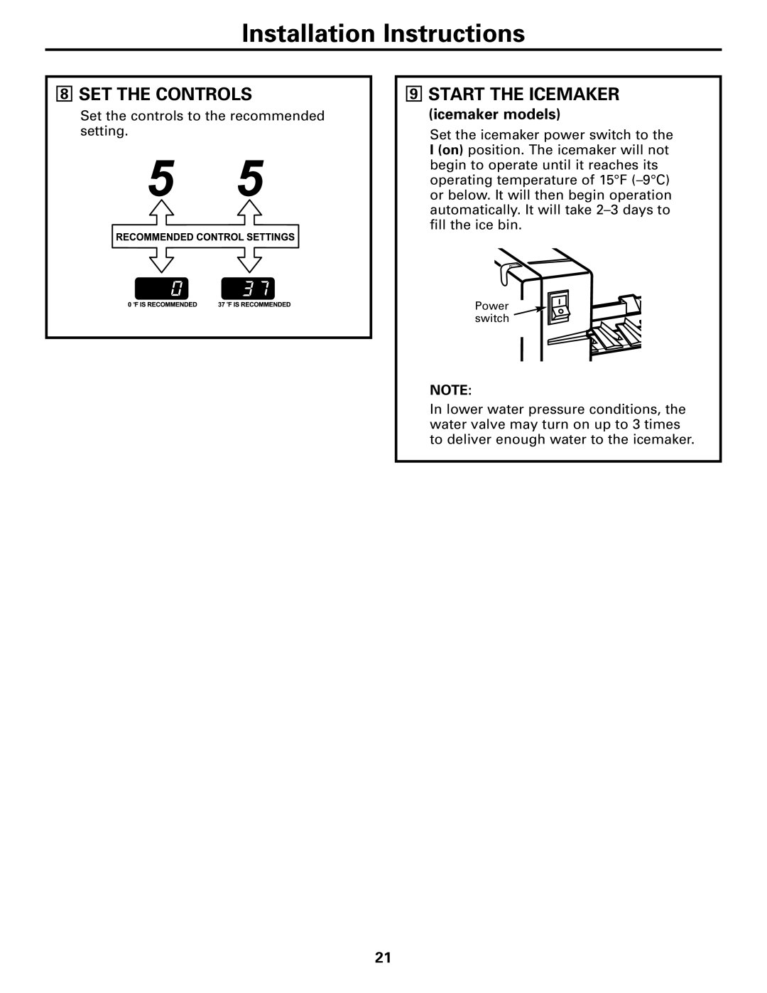 GE 197D4618P002 installation instructions SET the Controls, Start the Icemaker 