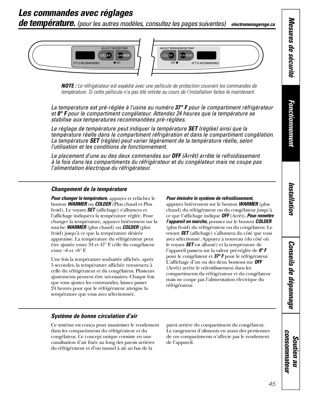 GE 197D4618P002 Les commandes avec réglages, Mesures de sécurité, Consommateur Soutien au, Changement de la température 