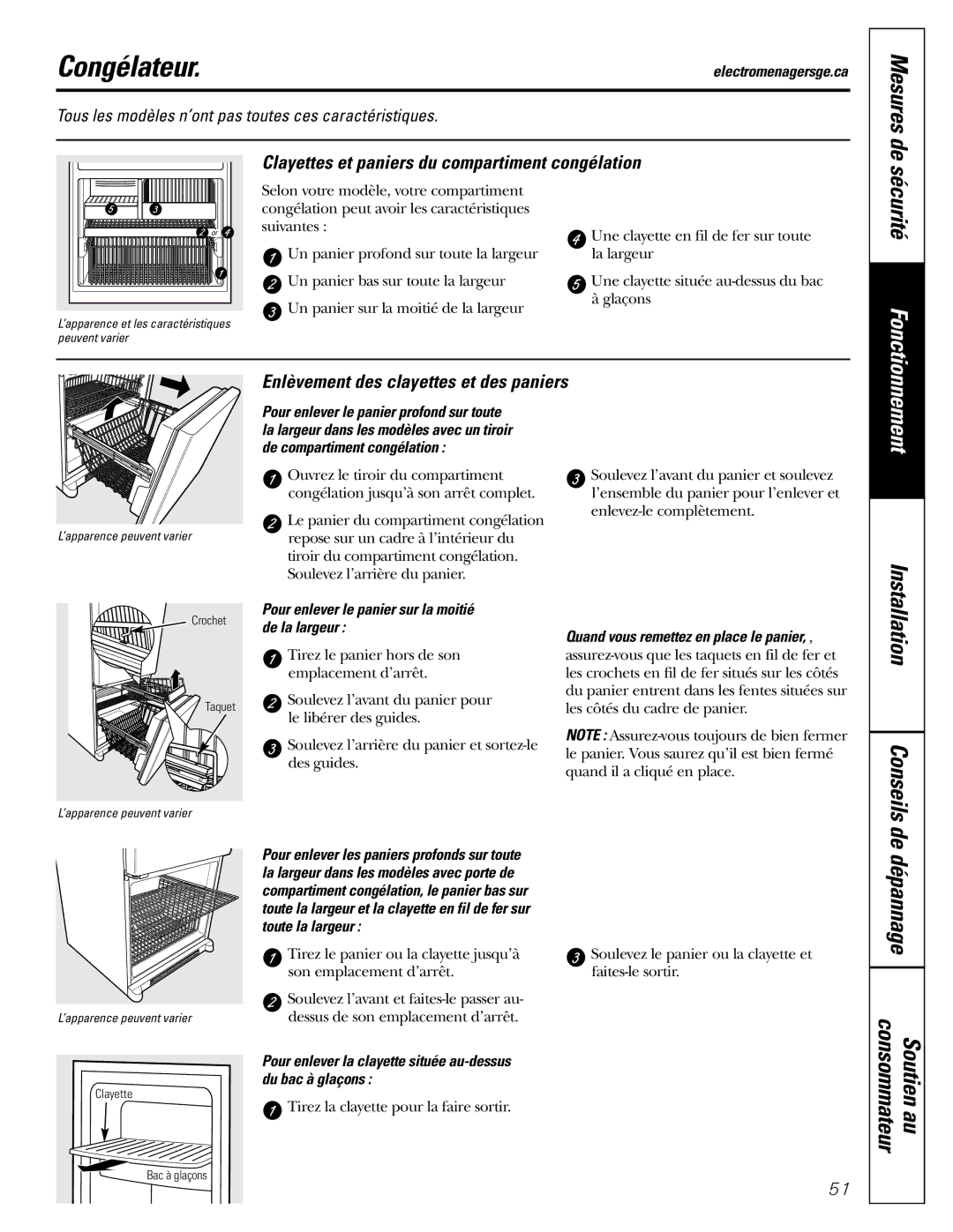 GE 197D4618P002 installation instructions Congélateur, Mesures de, Clayettes et paniers du compartiment congélation 