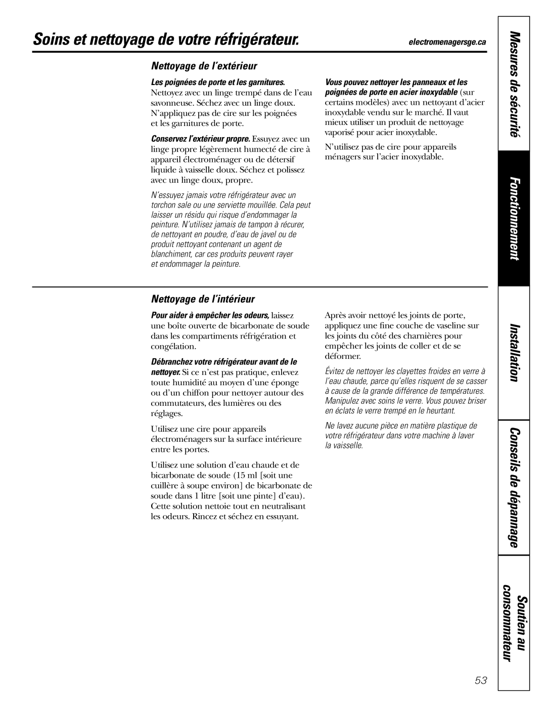 GE 197D4618P002 Soins et nettoyage de votre réfrigérateur, Nettoyage de l’extérieur, Nettoyage de l’intérieur 