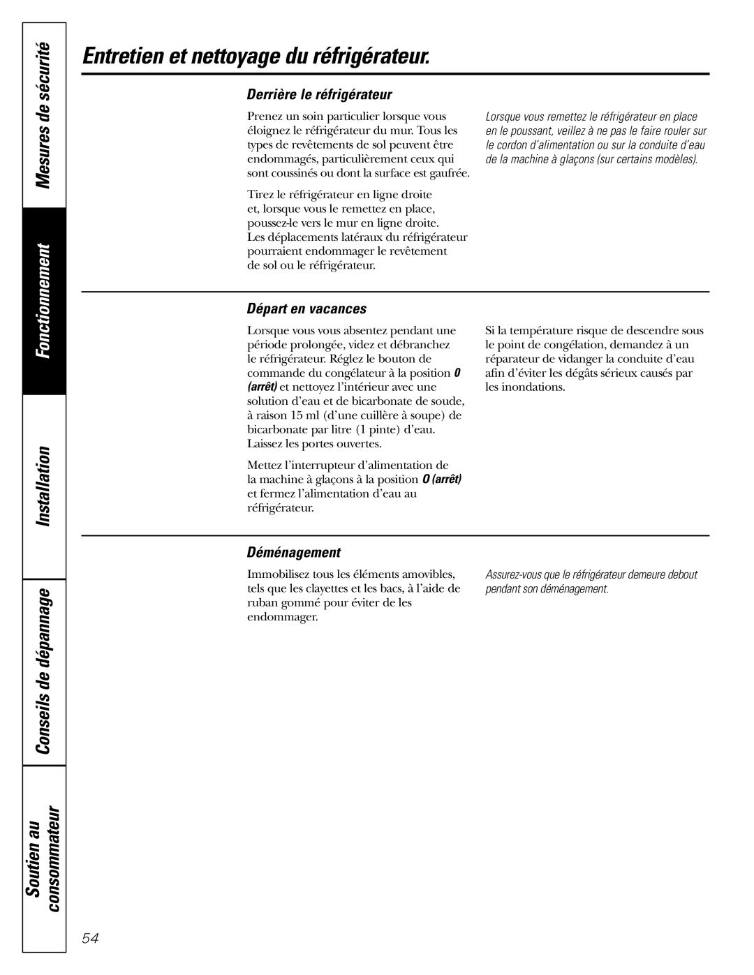 GE 197D4618P002 Entretien et nettoyage du réfrigérateur, Conseils de dépannage Soutien au Consommateur, Départ en vacances 