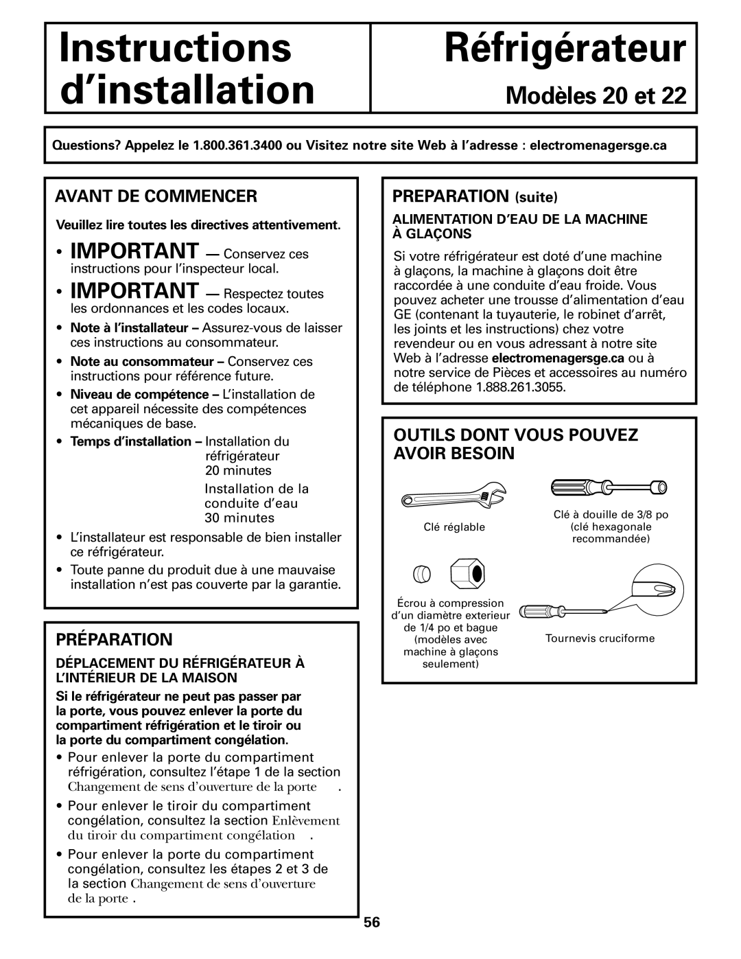 GE 197D4618P002 installation instructions Avant DE Commencer, Préparation, Outils Dont Vous Pouvez Avoir Besoin 