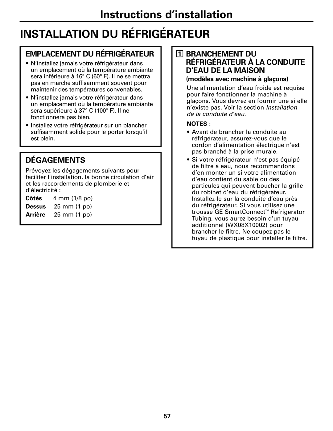 GE 197D4618P002 Installation DU Réfrigérateur, Emplacement DU Réfrigérateur, Dégagements, Modèles avec machine à glaçons 