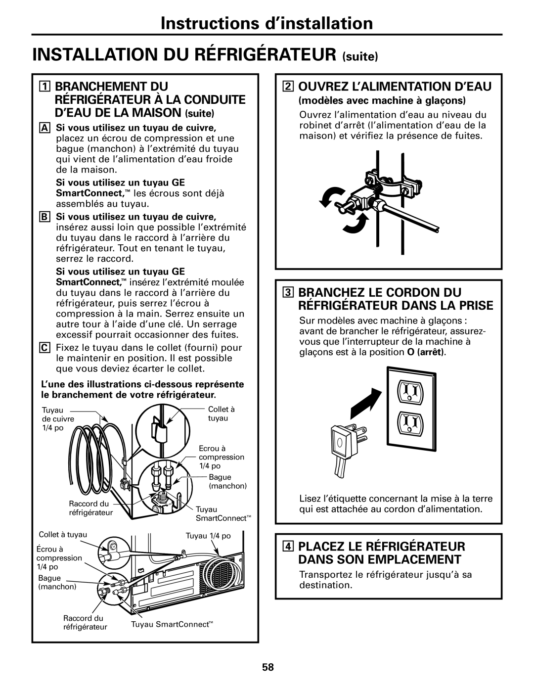 GE 197D4618P002 installation instructions Ouvrez L’ALIMENTATION D’EAU, Branchez LE Cordon DU Réfrigérateur Dans LA Prise 