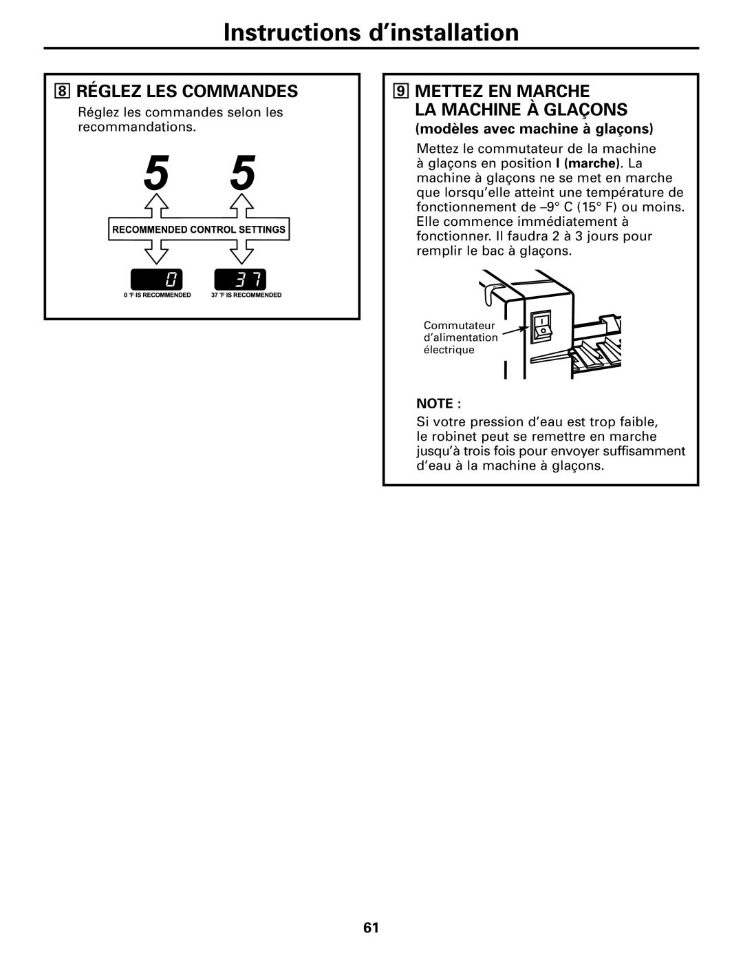 GE 197D4618P002 installation instructions Réglez LES Commandes, Mettez EN Marche LA Machine À Glaçons 