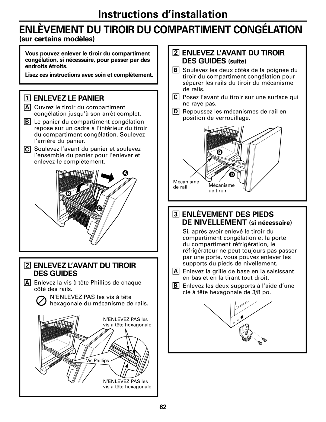 GE 197D4618P002 installation instructions Enlevez LE Panier, Enlevez L’AVANT DU Tiroir DES Guides, Enlèvement DES Pieds 