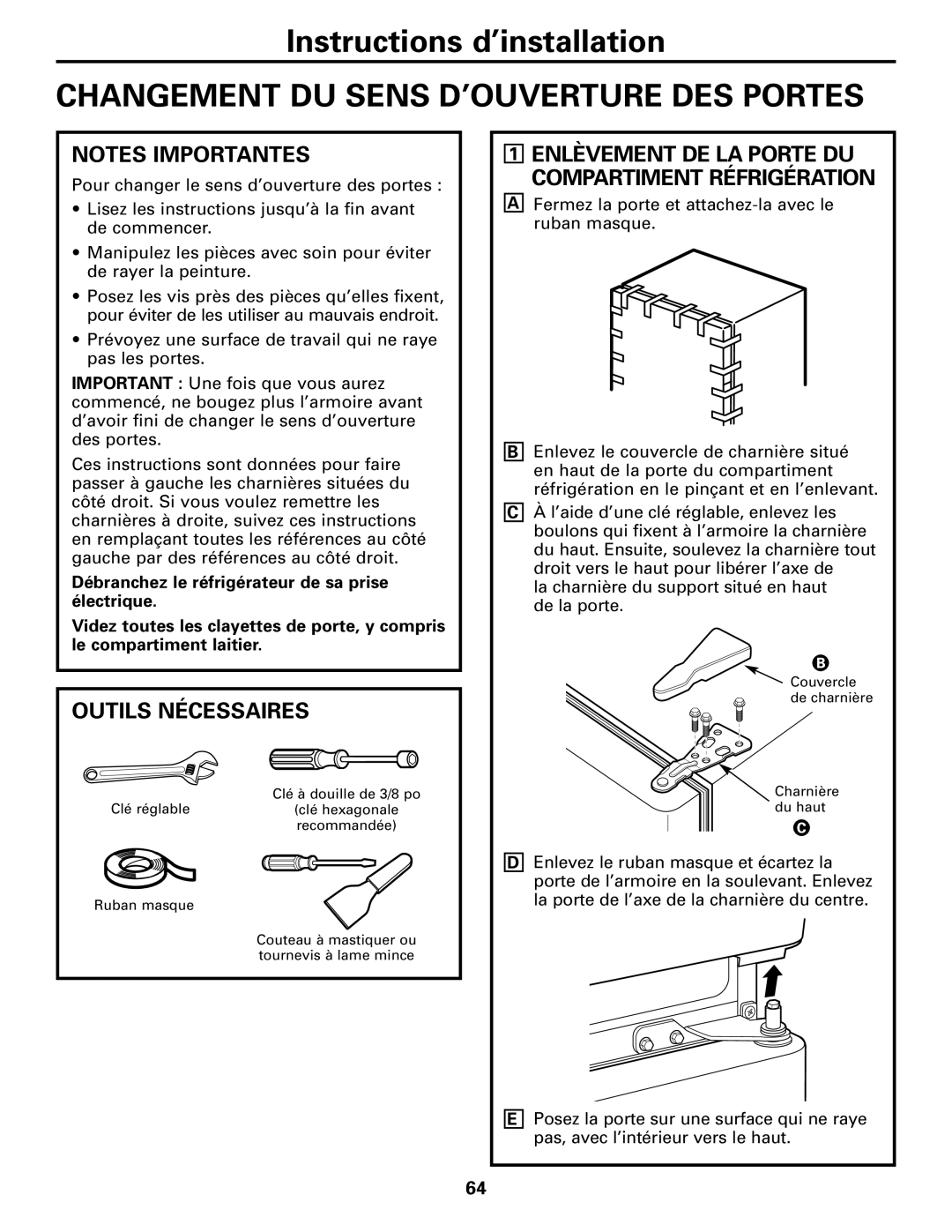 GE 197D4618P002 installation instructions Changement DU Sens D’OUVERTURE DES Portes, Outils Nécessaires 