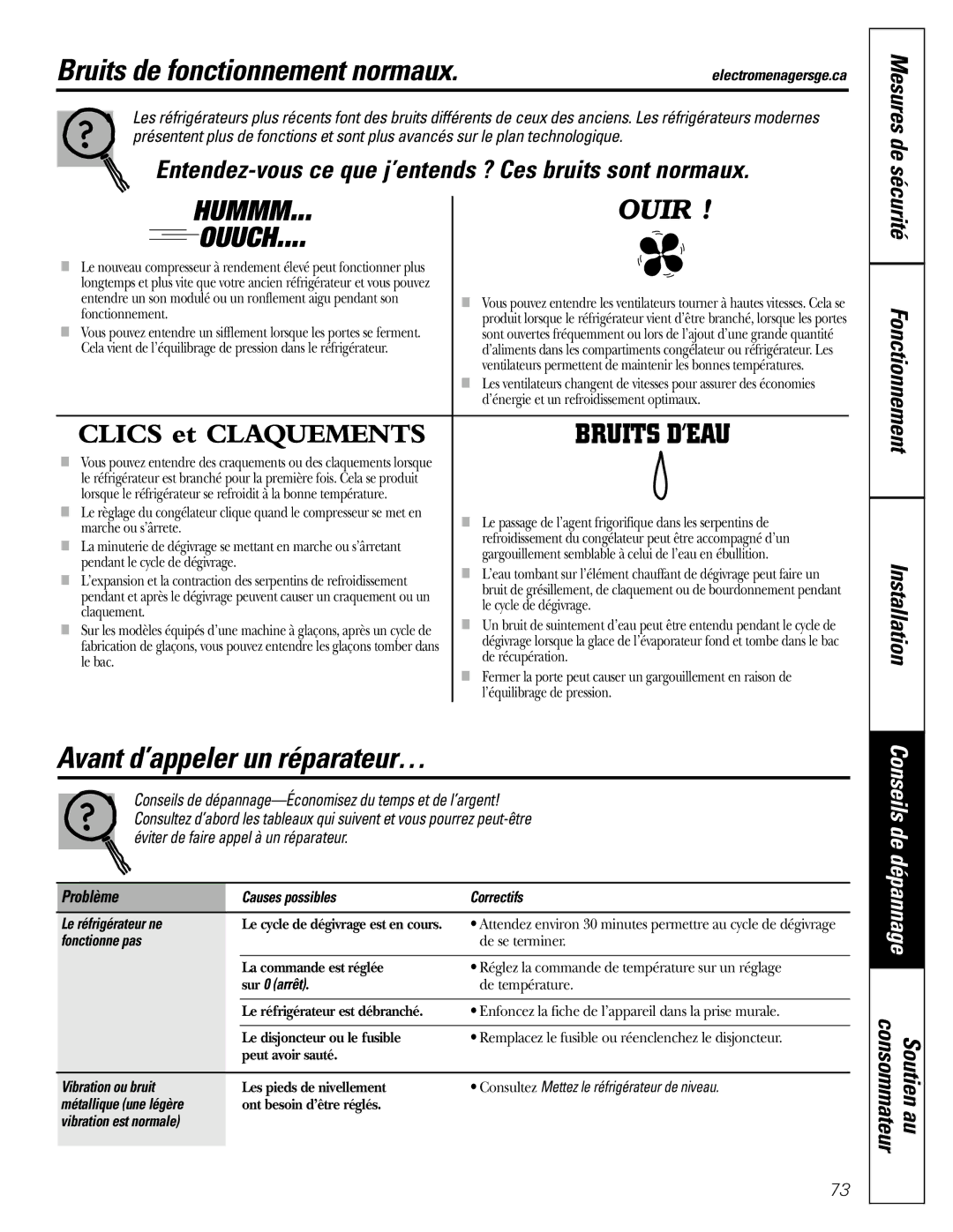 GE 197D4618P002 installation instructions Bruits de fonctionnement normaux, Avant d’appeler un réparateur…, Problème 