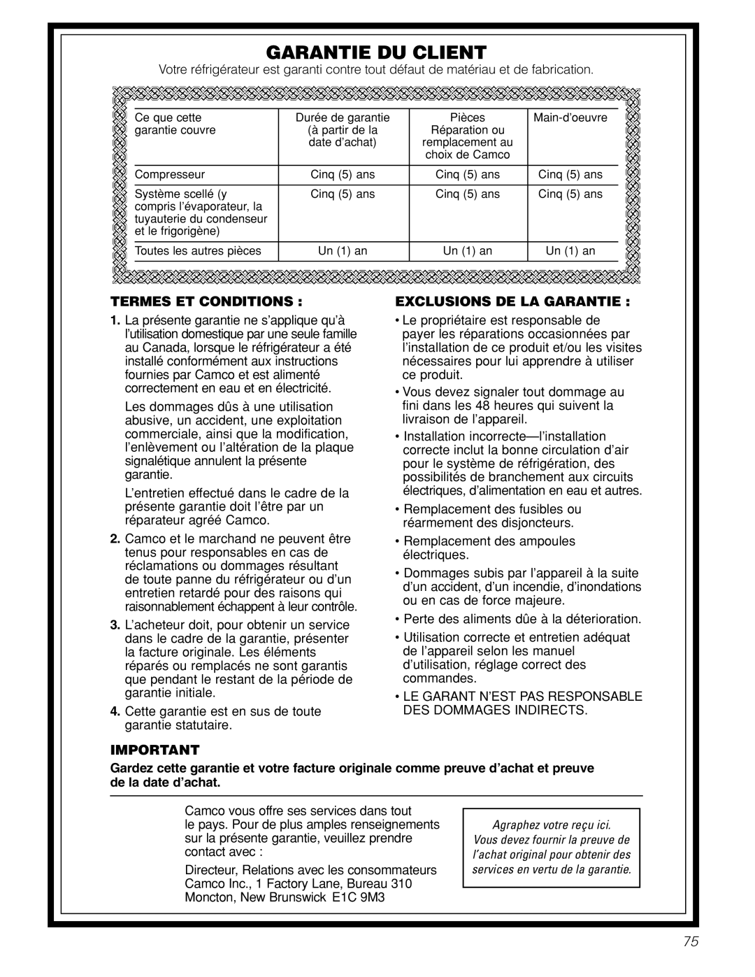 GE 197D4618P002 installation instructions Garantie DU Client 