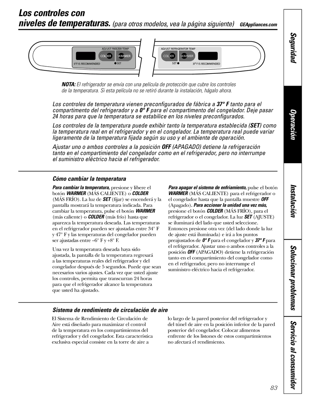 GE 197D4618P002 Los controles con, Seguridad, Cómo cambiar la temperatura, Sistema de rendimiento de circulación de aire 