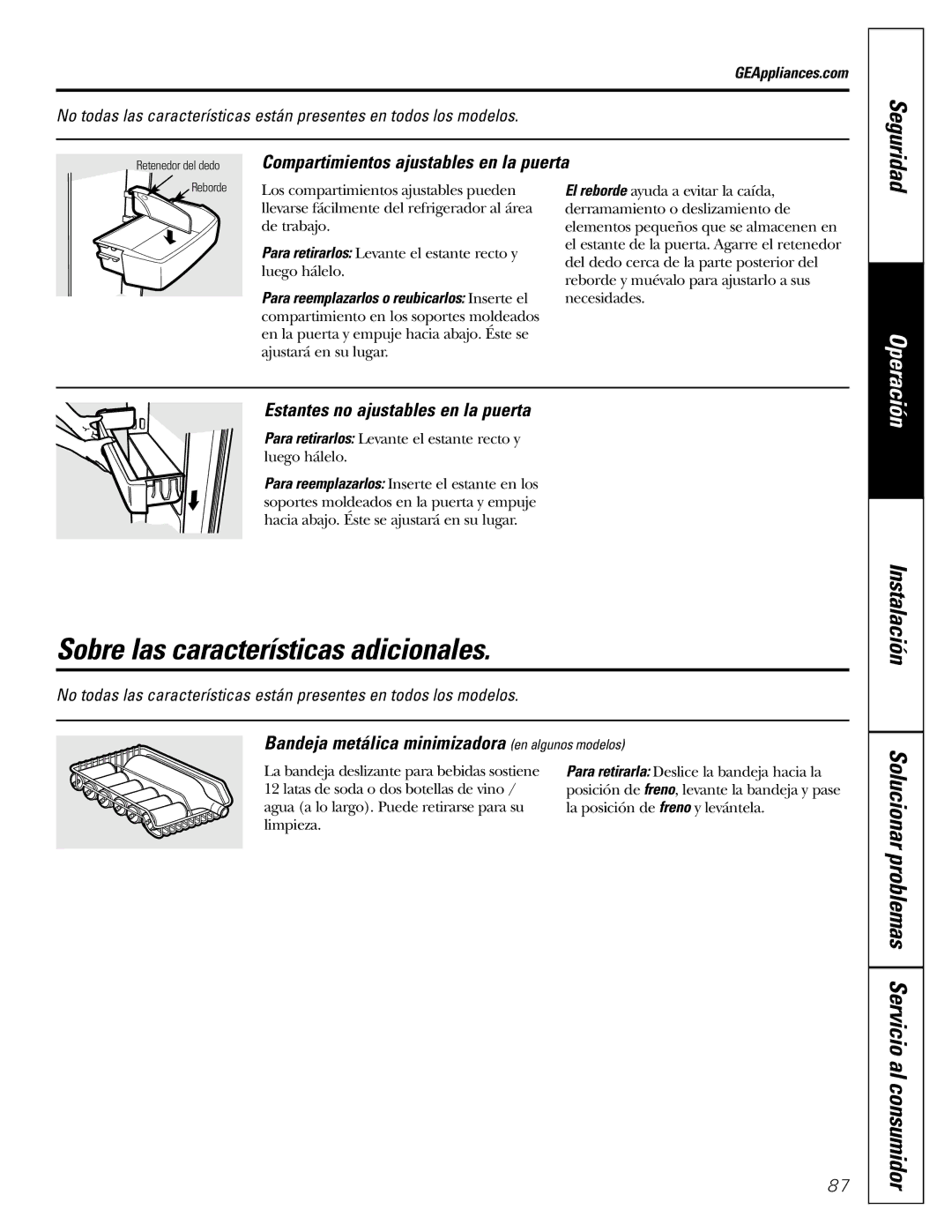 GE 197D4618P002 installation instructions Sobre las características adicionales, Compartimientos ajustables en la puerta 